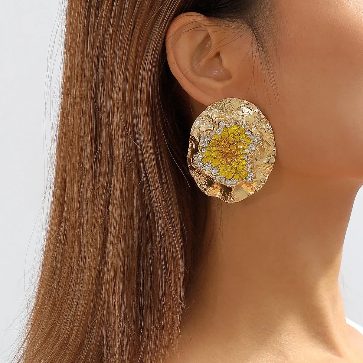 Yellow Cubic Zirconia & 18K Gold-Plated Textured Oval Stud Earrings