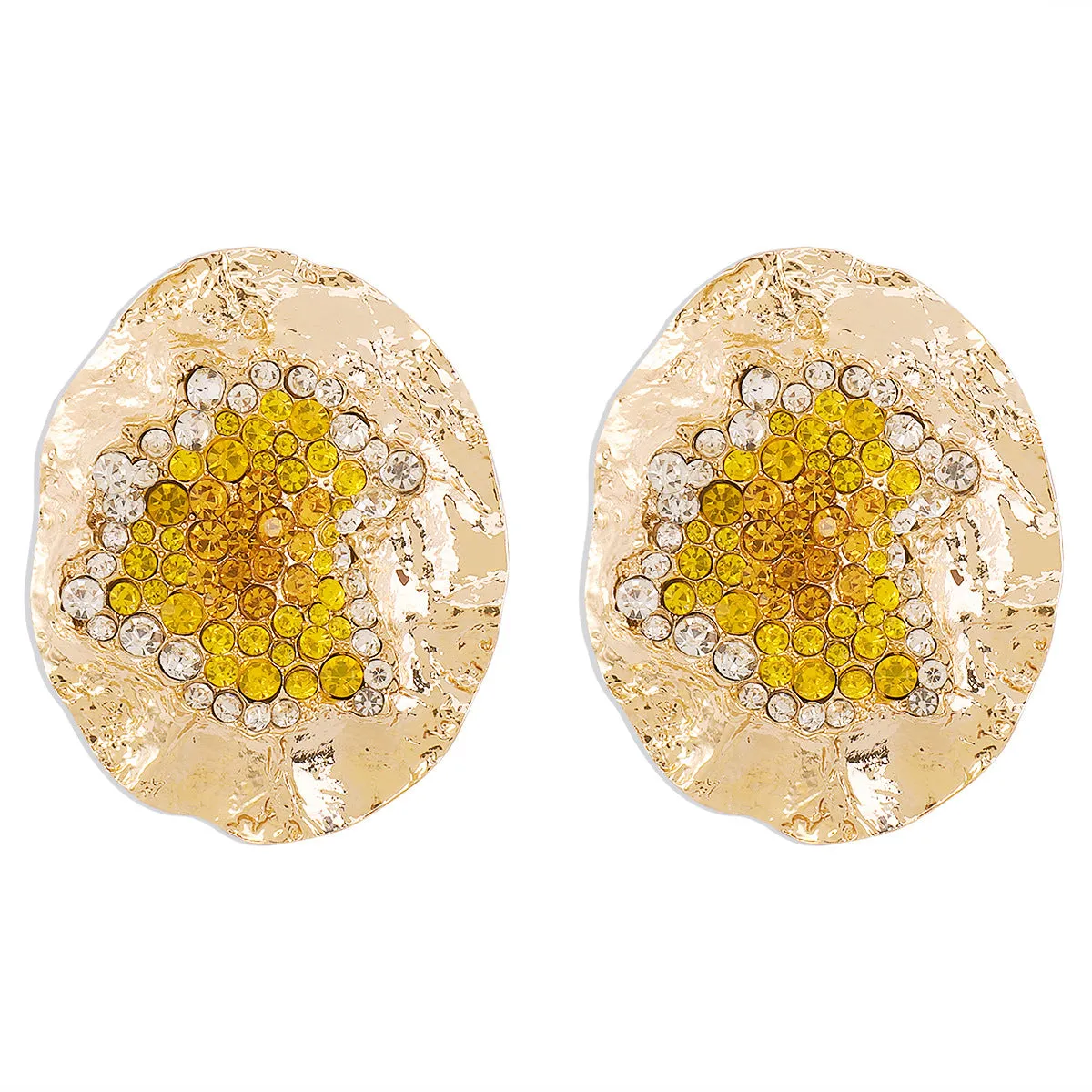 Yellow Cubic Zirconia & 18K Gold-Plated Textured Oval Stud Earrings