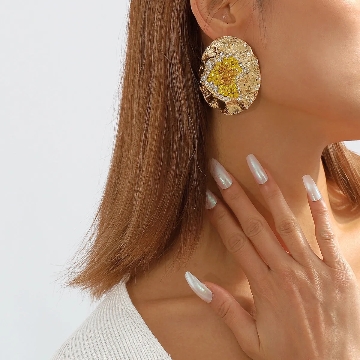 Yellow Cubic Zirconia & 18K Gold-Plated Textured Oval Stud Earrings