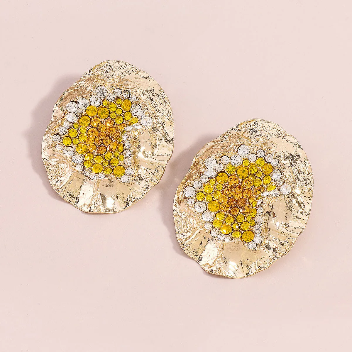 Yellow Cubic Zirconia & 18K Gold-Plated Textured Oval Stud Earrings