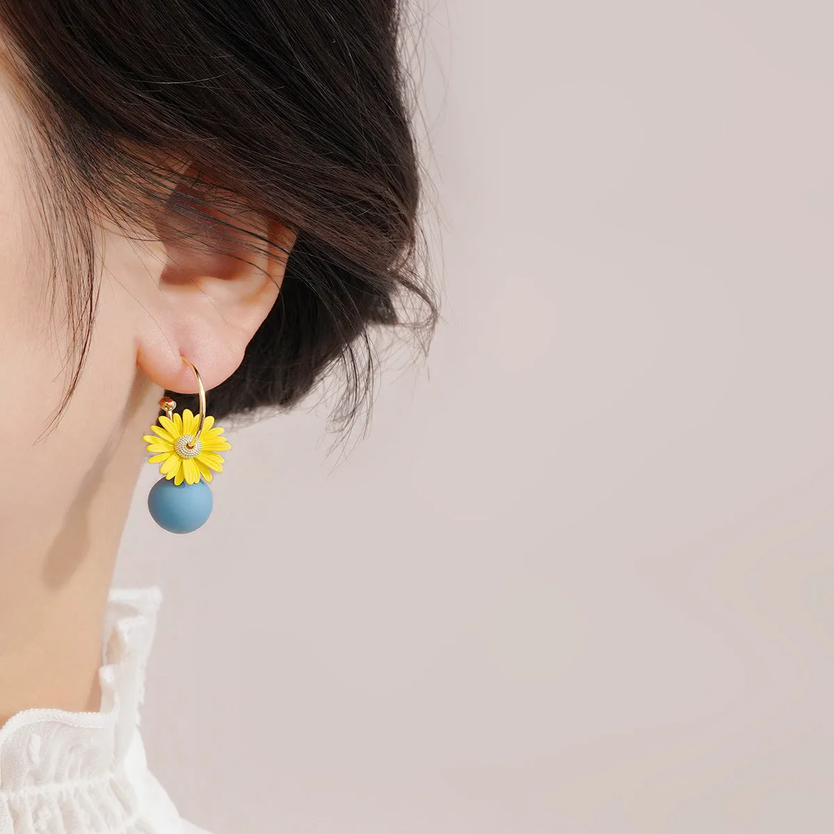 Yellow Enamel & 18K Gold-Plated Mum Mismatching Drop Earrings