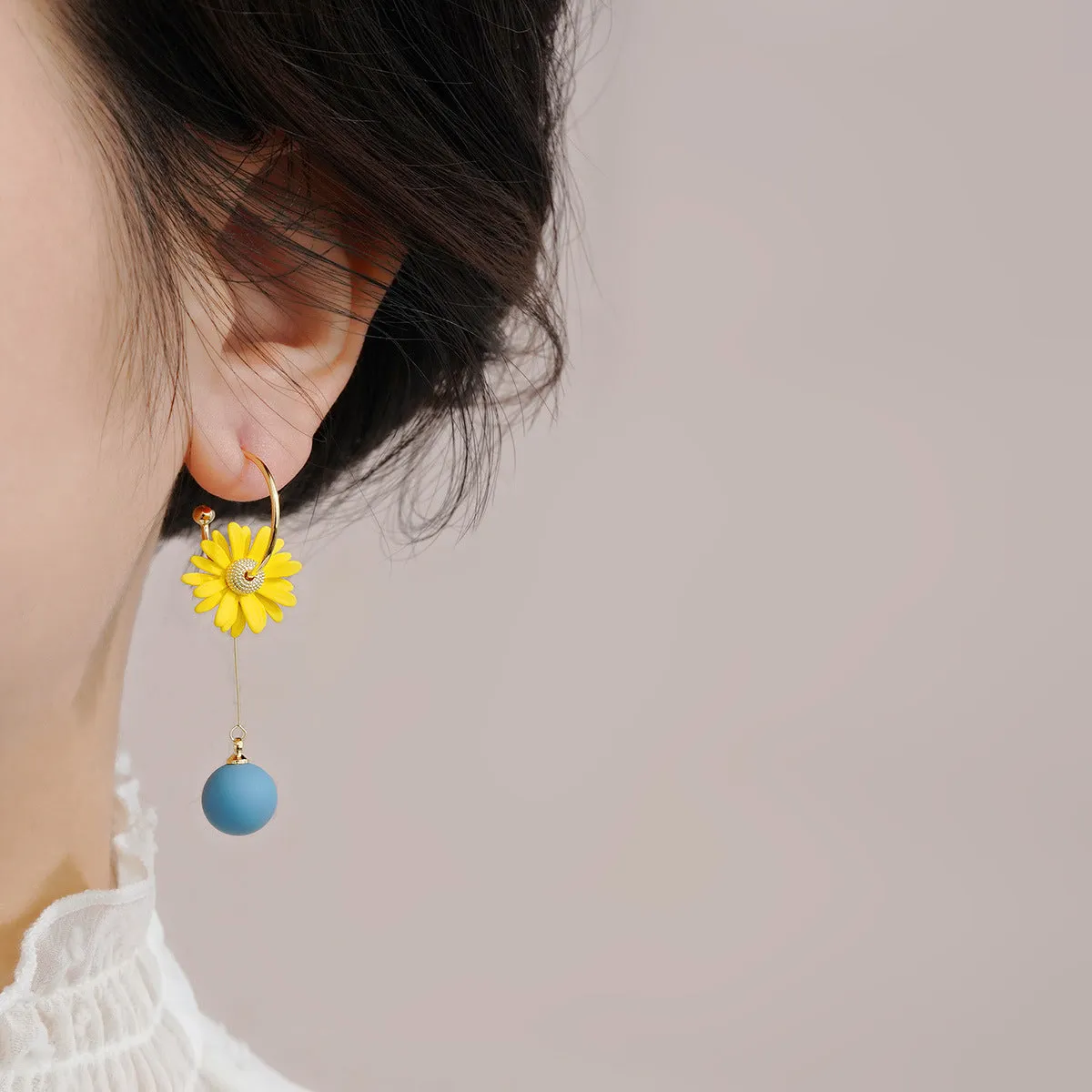 Yellow Enamel & 18K Gold-Plated Mum Mismatching Drop Earrings