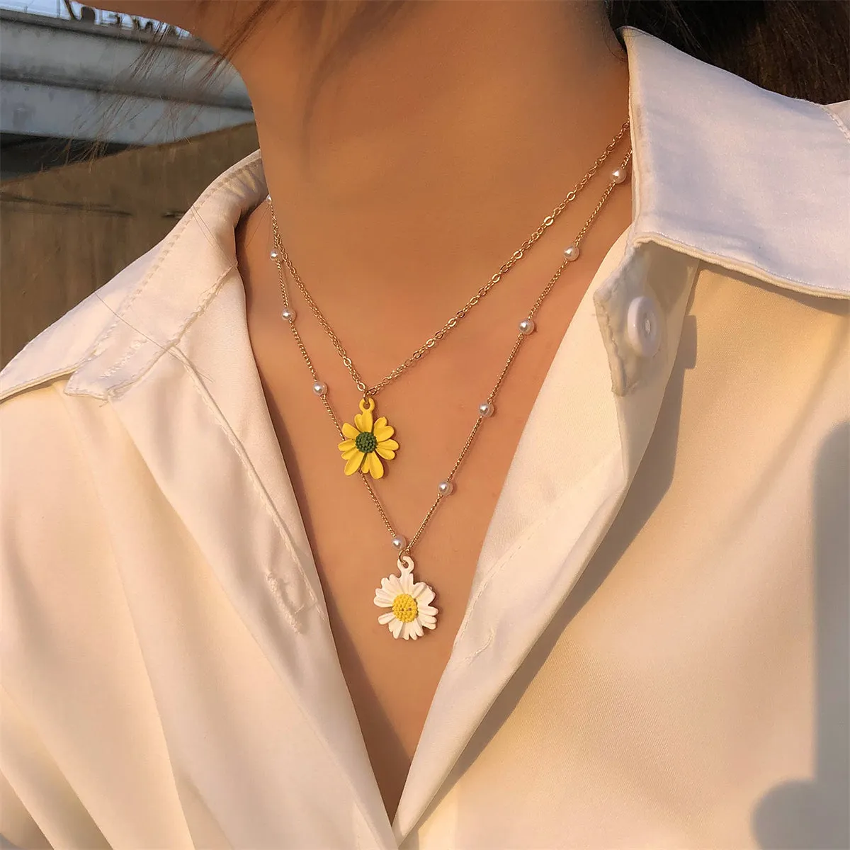 Yellow Enamel & Pearl 18K Gold-Plated Mum Layered Pendant Necklace