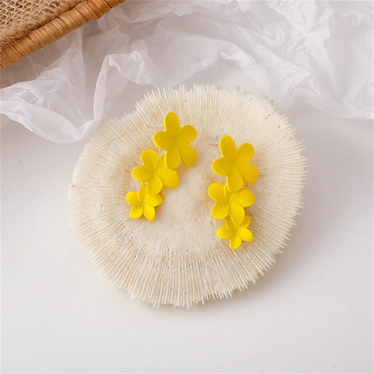 Yellow Enamel & Silver-Plated Linked Flower Drop Earrings