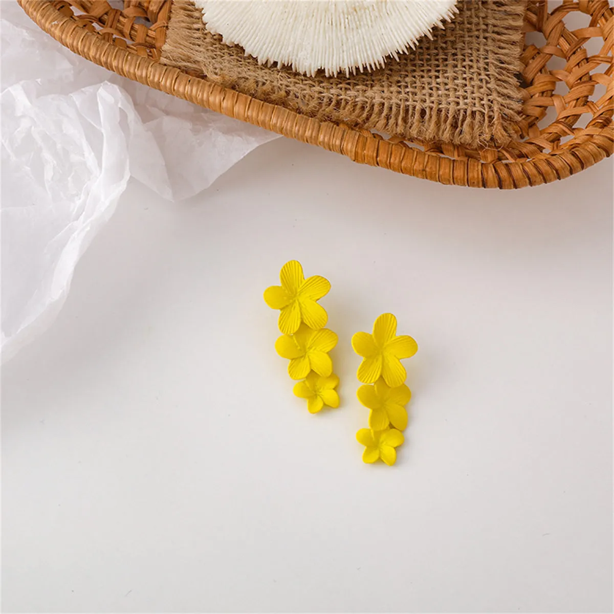 Yellow Enamel & Silver-Plated Linked Flower Drop Earrings