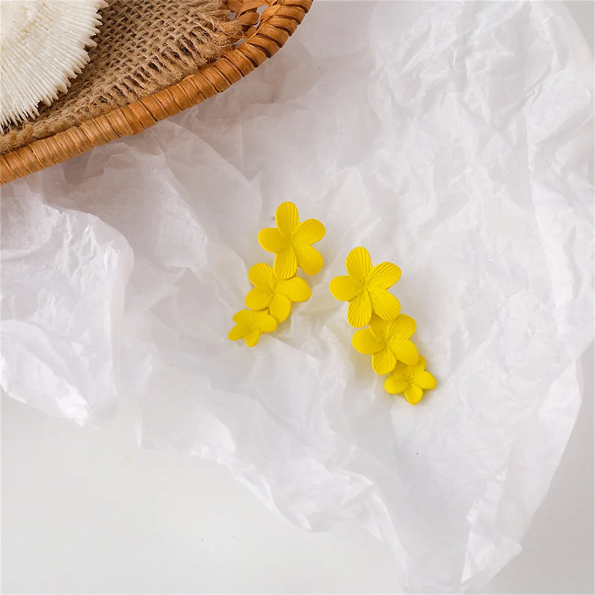 Yellow Enamel & Silver-Plated Linked Flower Drop Earrings