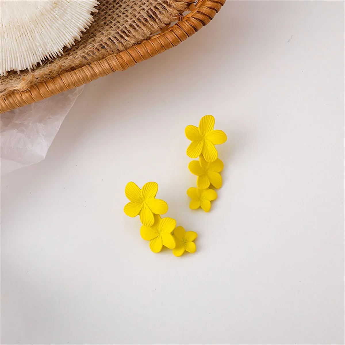 Yellow Enamel & Silver-Plated Linked Flower Drop Earrings