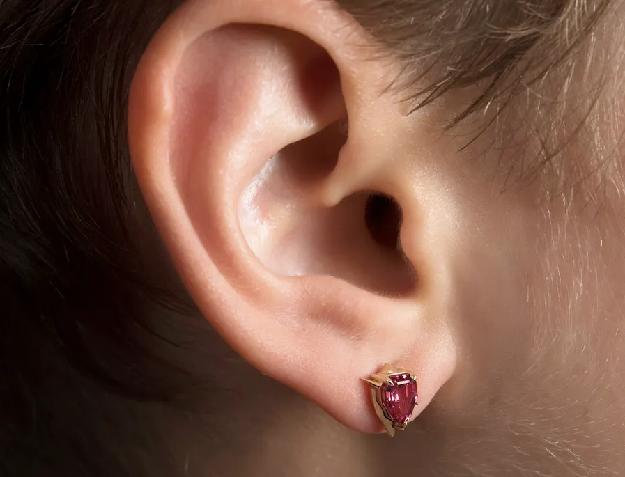 Yellow Gold - Pink Garnet Stud Earrings - Shield