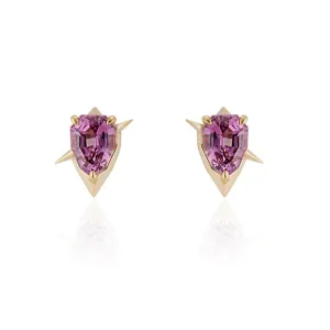 Yellow Gold - Pink Garnet Stud Earrings - Shield