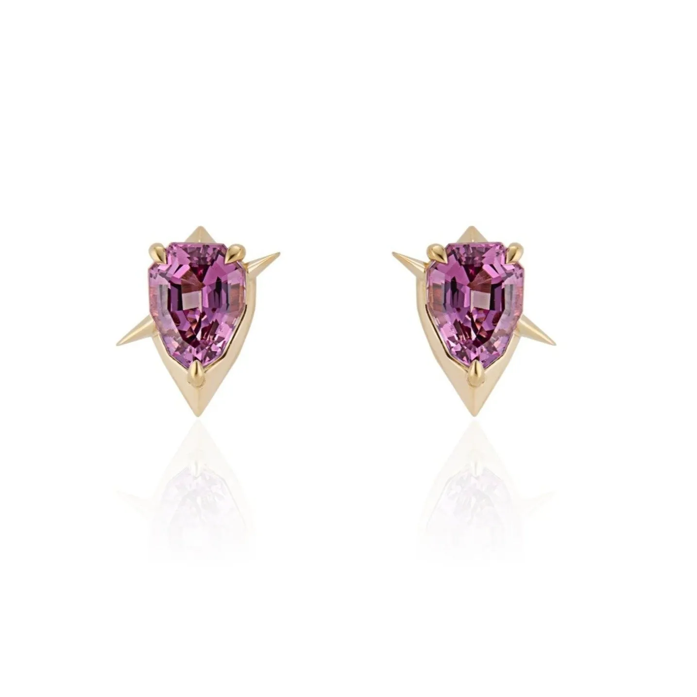 Yellow Gold - Pink Garnet Stud Earrings - Shield