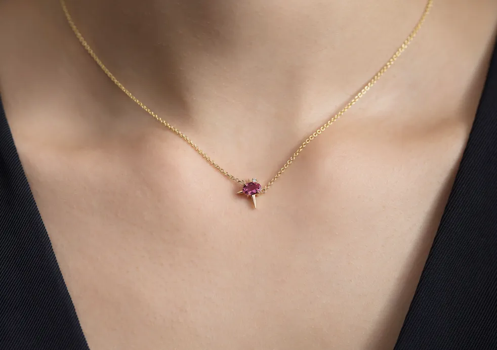 Yellow Gold Pink Tourmaline And Diamond Necklace - Spike