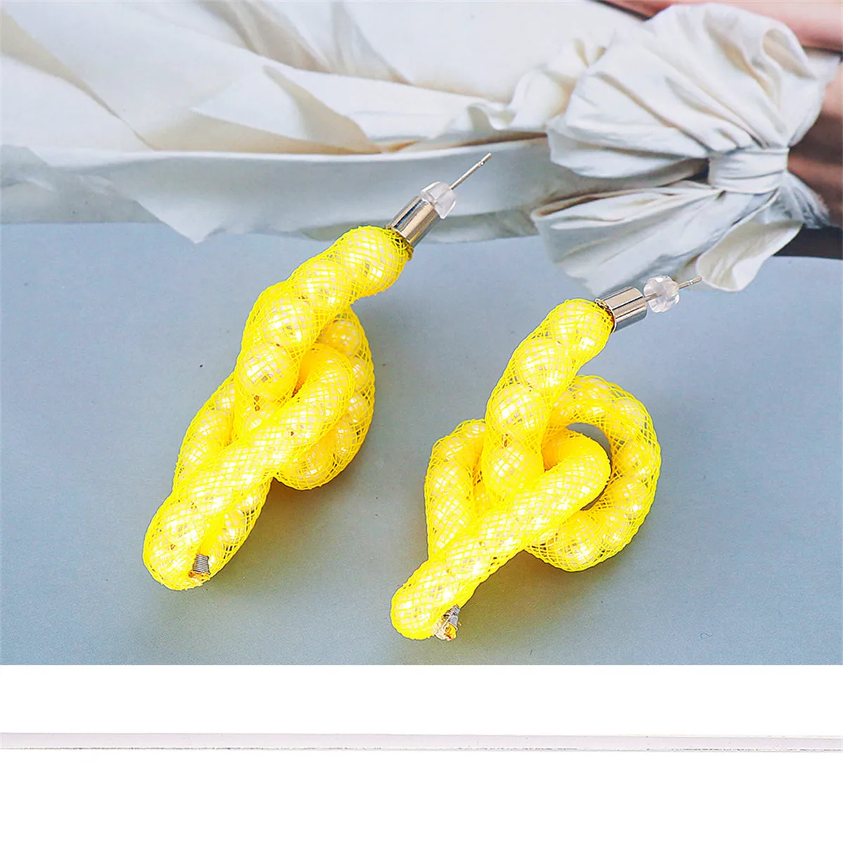 Yellow Pearl Knot Stud Earrings