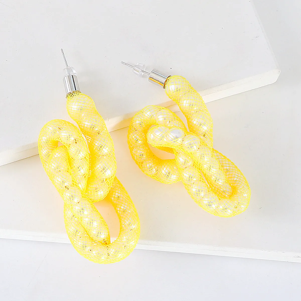 Yellow Pearl Knot Stud Earrings