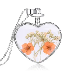 Yellow Pressed Peach Blossom & Silver-Plated Heart Pendant Necklace