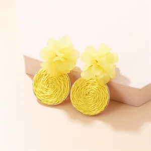 Yellow Raffia Flower Drop Earrings