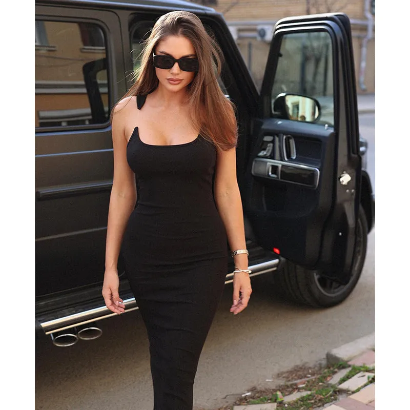 YL23164European and American Women's Clothing Solid Color Slim-Fit Elegant Strap Dress for Women Shoulder Strap Disappear Dress