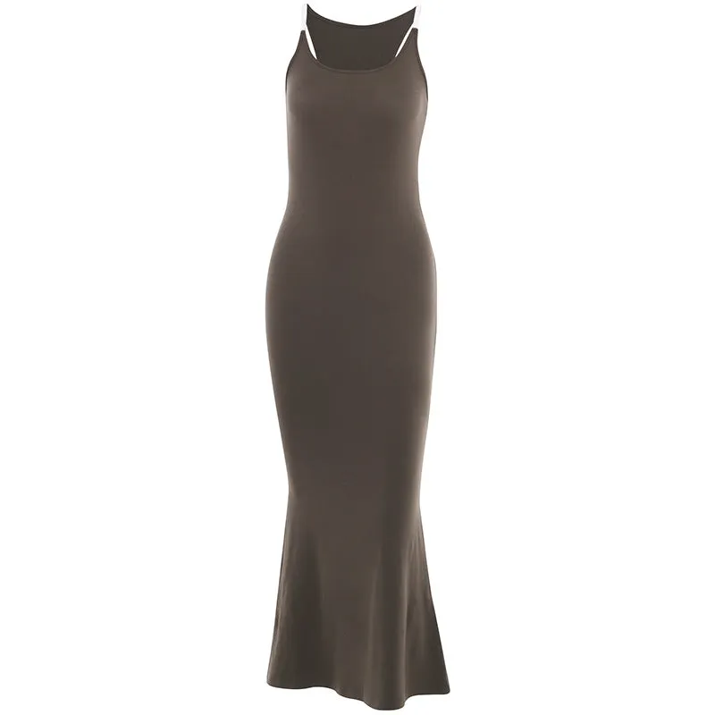 YL23164European and American Women's Clothing Solid Color Slim-Fit Elegant Strap Dress for Women Shoulder Strap Disappear Dress